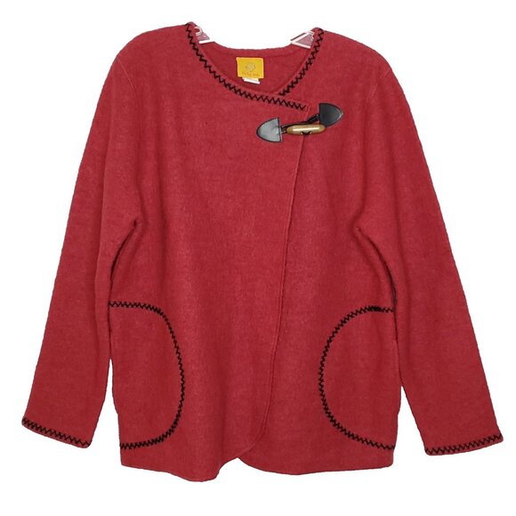 Womens Boiled Wool Cardigan Sweater M Red Black Single Toggle Button Lagenlook - Picture 1 of 4